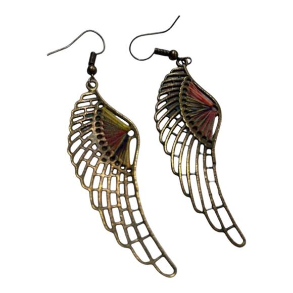 Bohemian Feather Wing Colored Beads And Green Patina On Brass Earrings - Picture 8 of 12